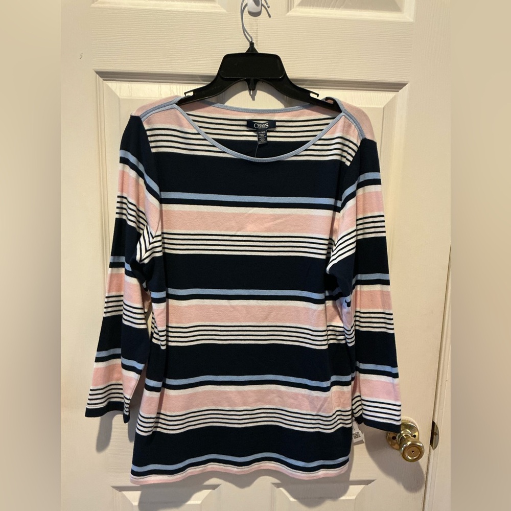 Chaps Long Sleeve Preppy NWT Striped Pink Blue White   Boatneck Top Womans XL